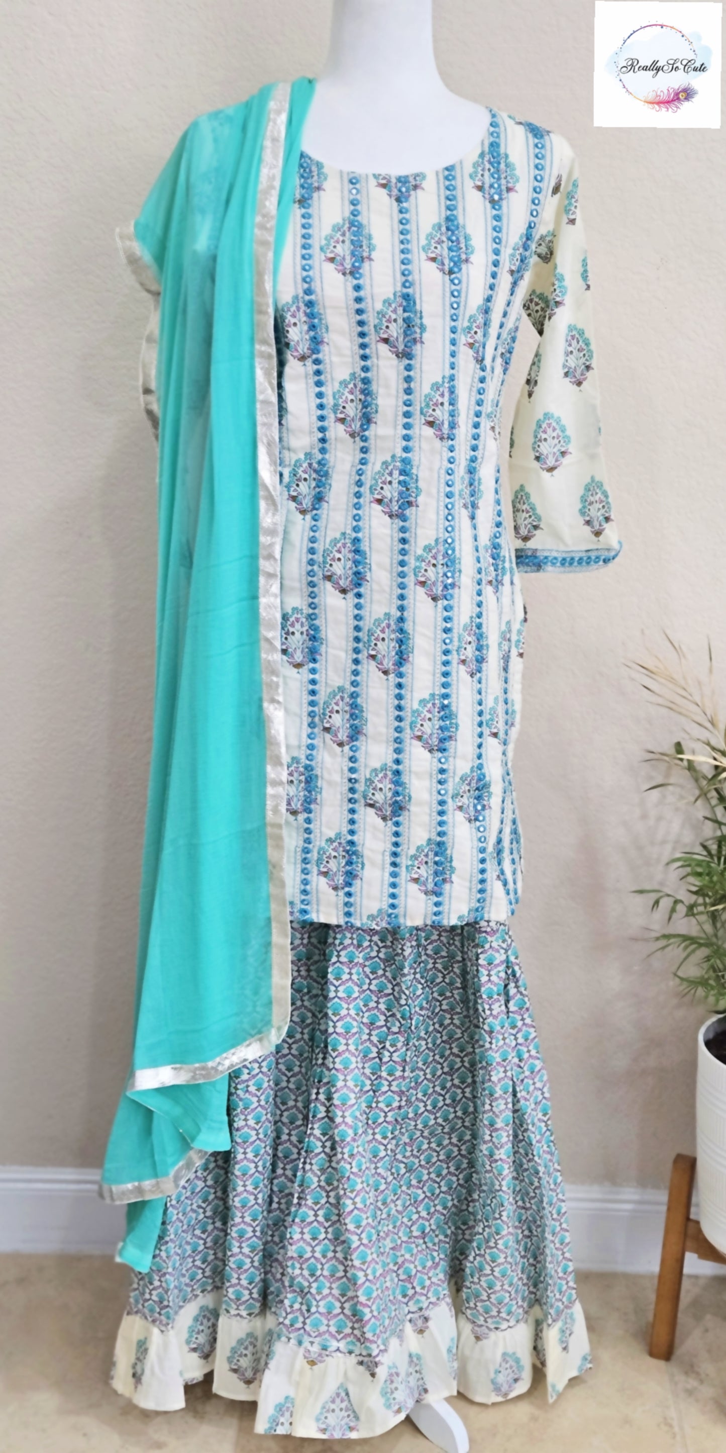 Aqua blue Block Print Cotton Kurta & Sharara Set for Women (Mom Only), block print set