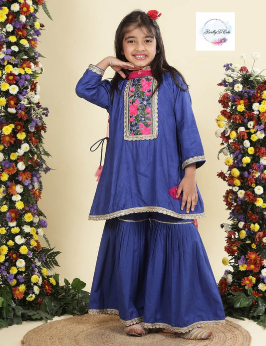 Blue chanderi kurti sharara dupatta set, Muslin silk kurta sharara
