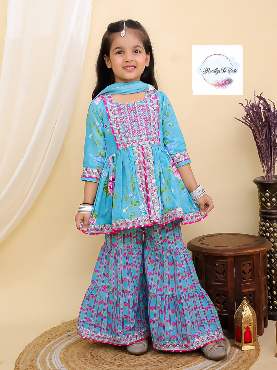 Blue floral girl kurti sharara set, cotton kurta sharara