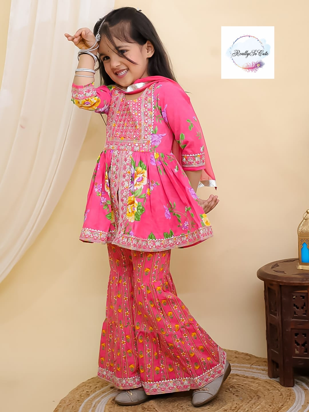 Pink floral girl kurti sharara set, cotton kurta sharara