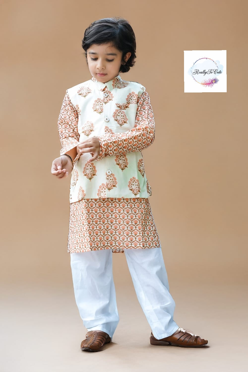Block print jacket kurta pajama set, boy kurta pajama, Peach Block print