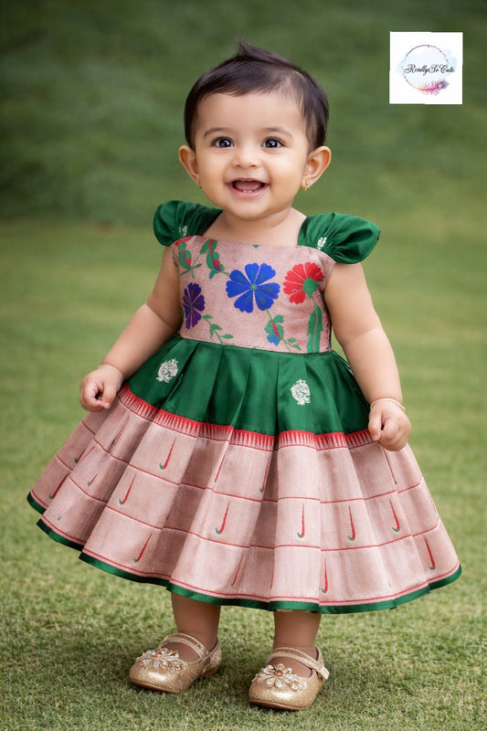 Traditional Paithani Dress for Baby Girls – Green Indian Ethnic Wear (0–4Y)