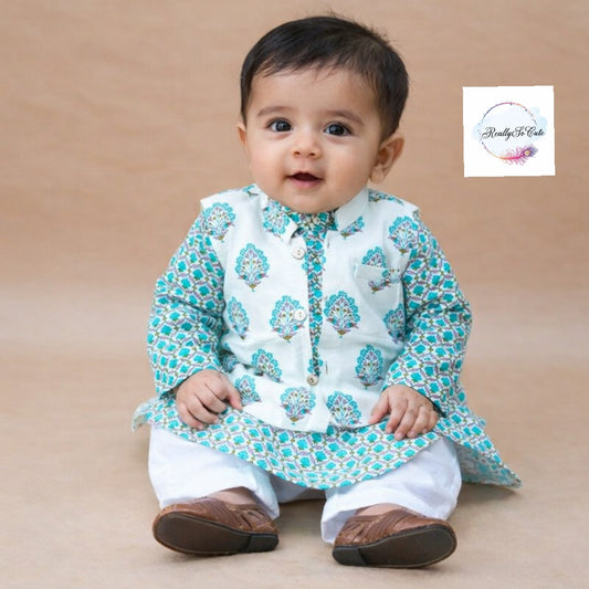Blue block print jacket kurta pajama set, boy kurta pajama