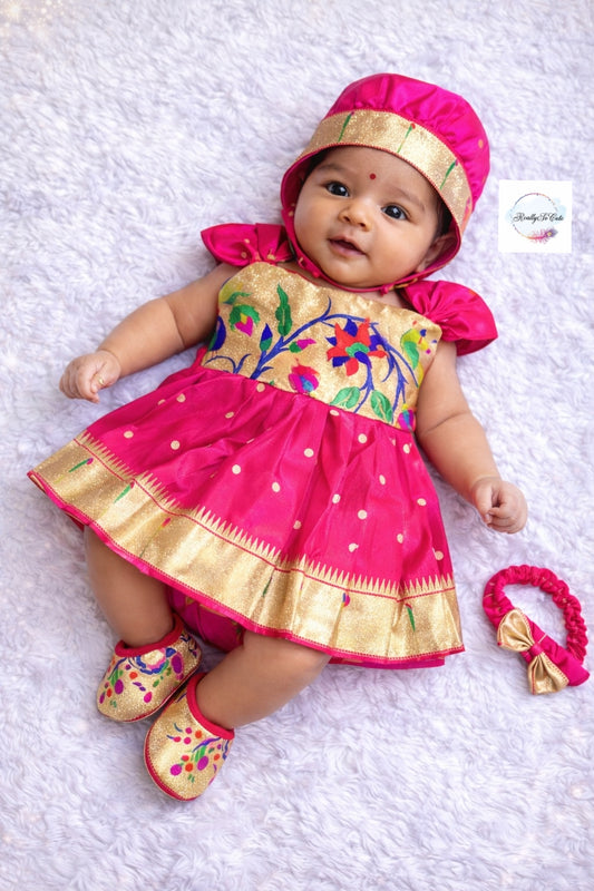 Newborn paithani naming dress set, pink Indian baby shower gift, annaprasanna set
