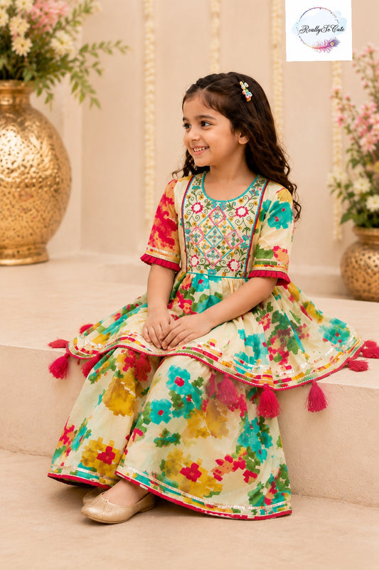 Girls Floral Sharara Set in Pure Cotton | Sibling Matching Outfit | 3M–15Y