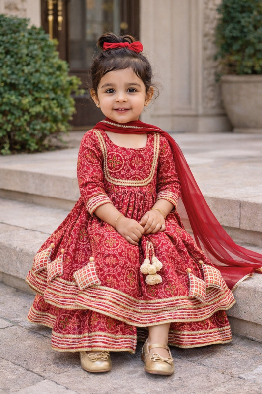 Red Bandhani Cotton Sharara Set for Girls (3M–14Y) | Soft Ethnic Kidswear