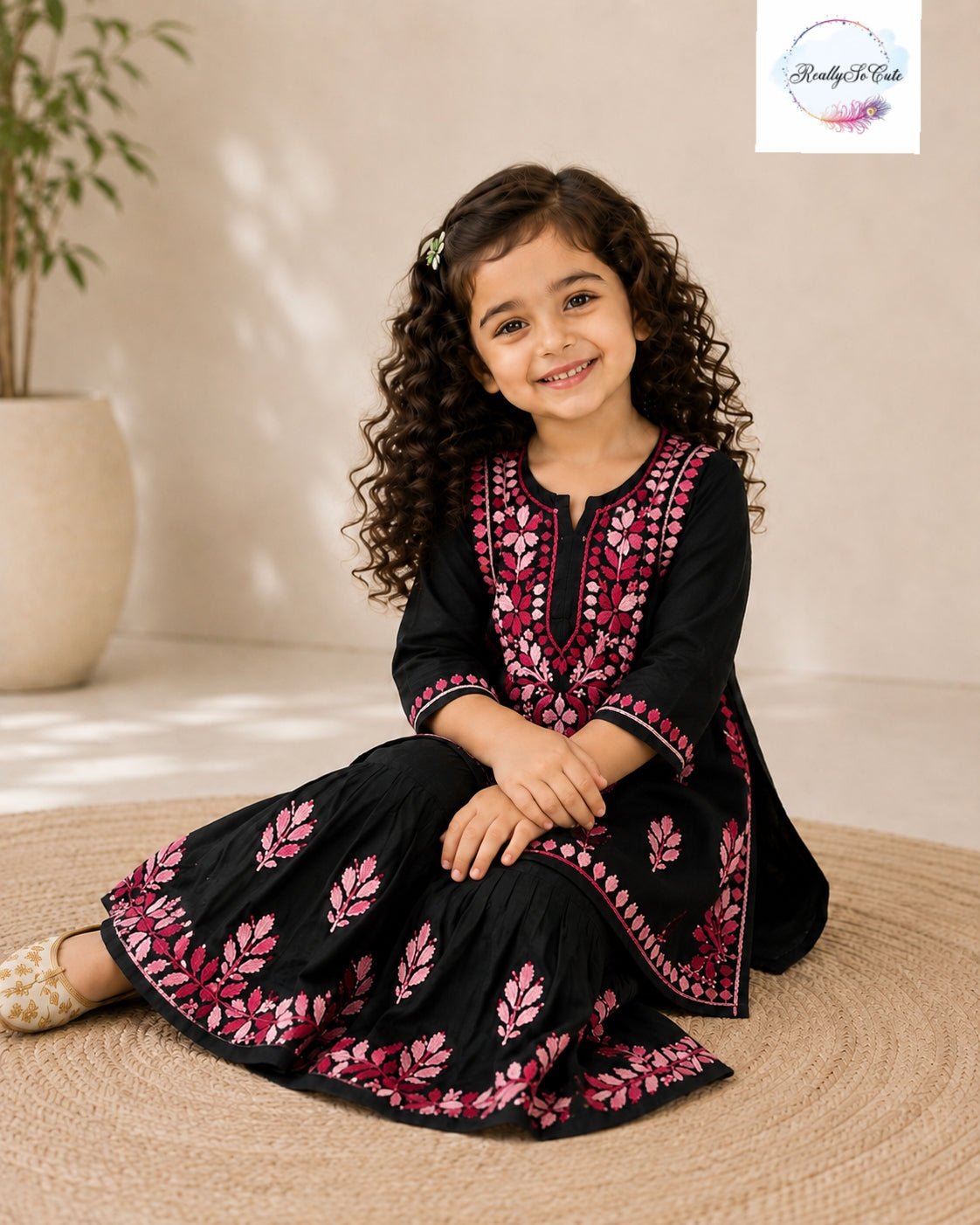 Girls Black & Pink Handwork Chikankari Sharara Set | Soft Cotton
