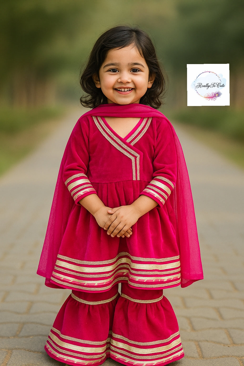 Hot pink velvet kurti sharara dupatta set. Red kurti sharara set, Pre-Order Set - Ships in 3 Weeks