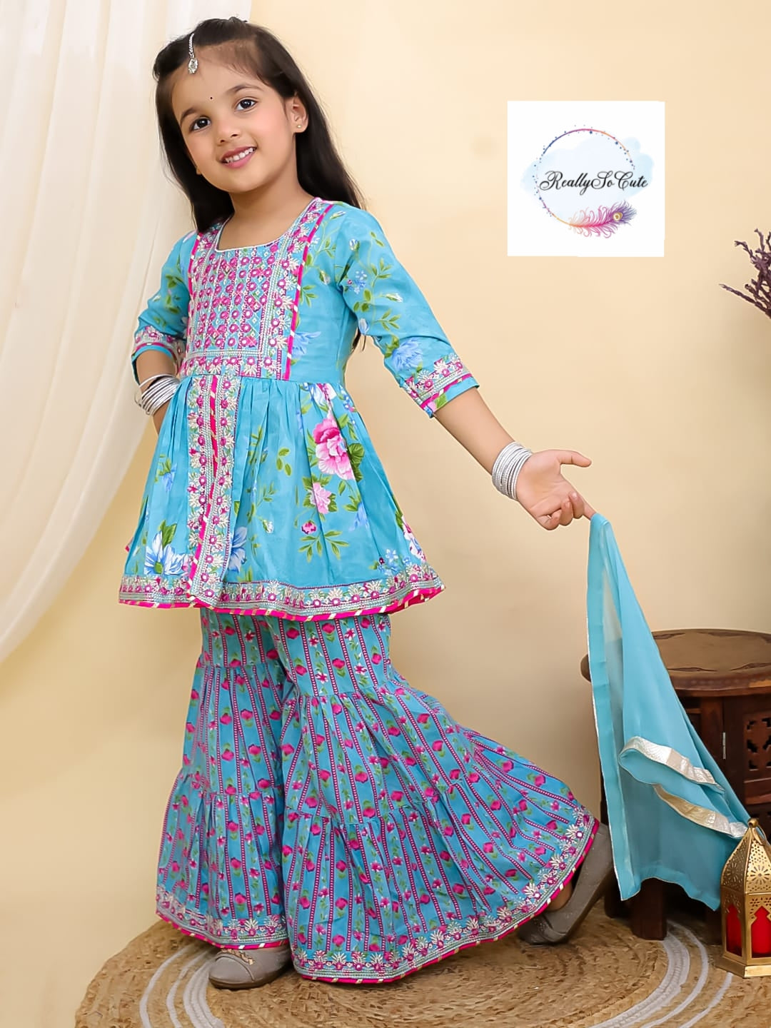Blue floral girl kurti sharara set, cotton kurta sharara