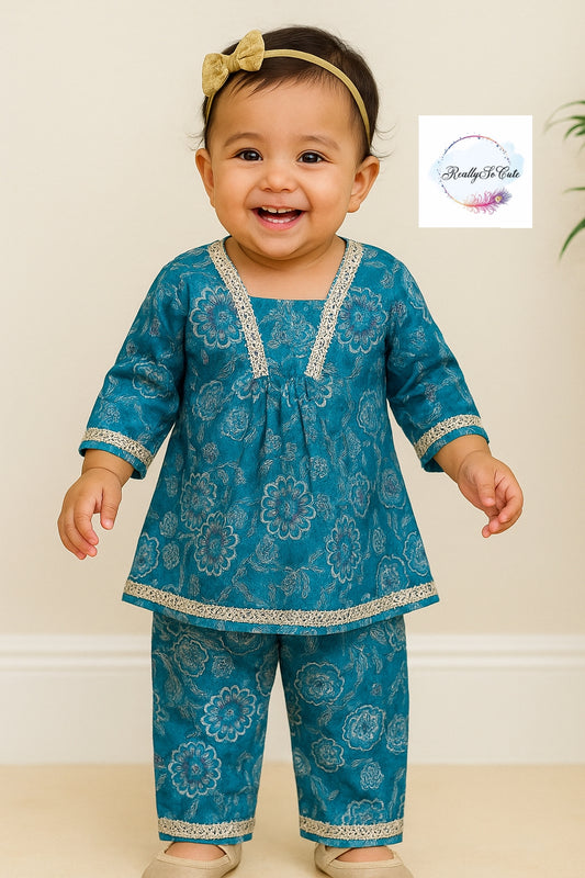Girl co-ord set, blue chanderi silk kurta set, sibling combo