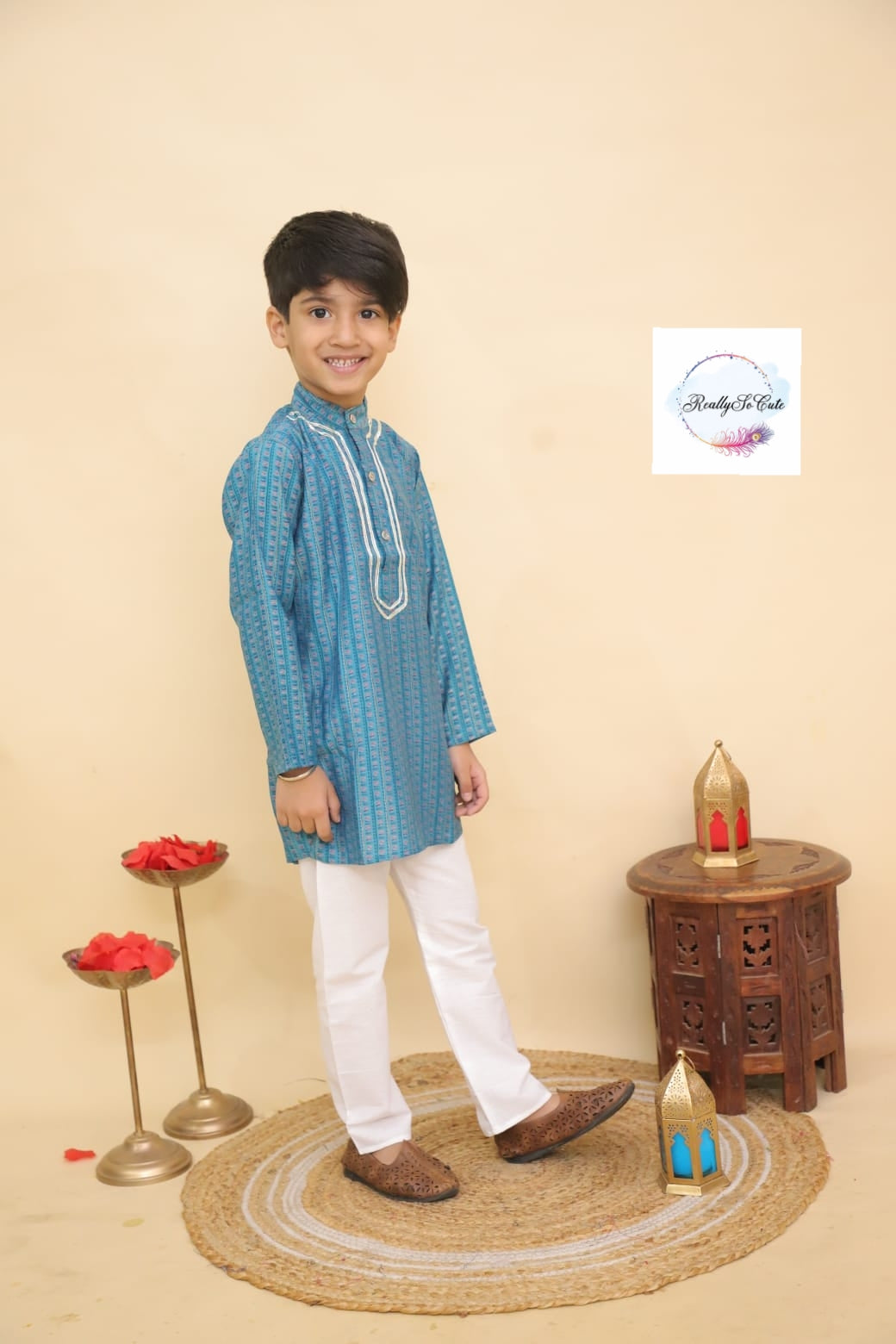 Boys kurta pajama, blue chanderi silk kurta set