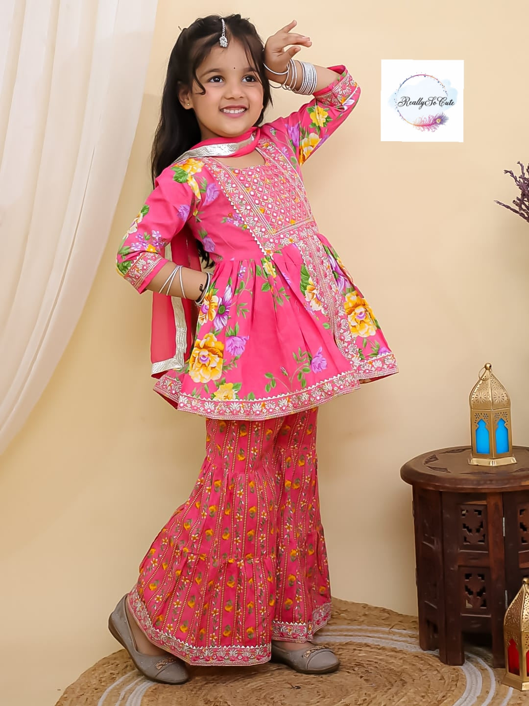 Pink floral girl kurti sharara set, cotton kurta sharara