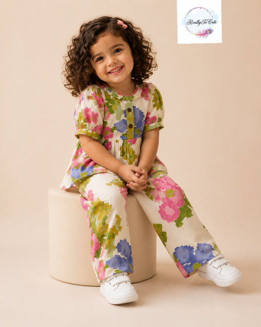 Girls Floral Cotton Co-Ord Set – Soft Summer Outfit for Kids | 18M–8Y