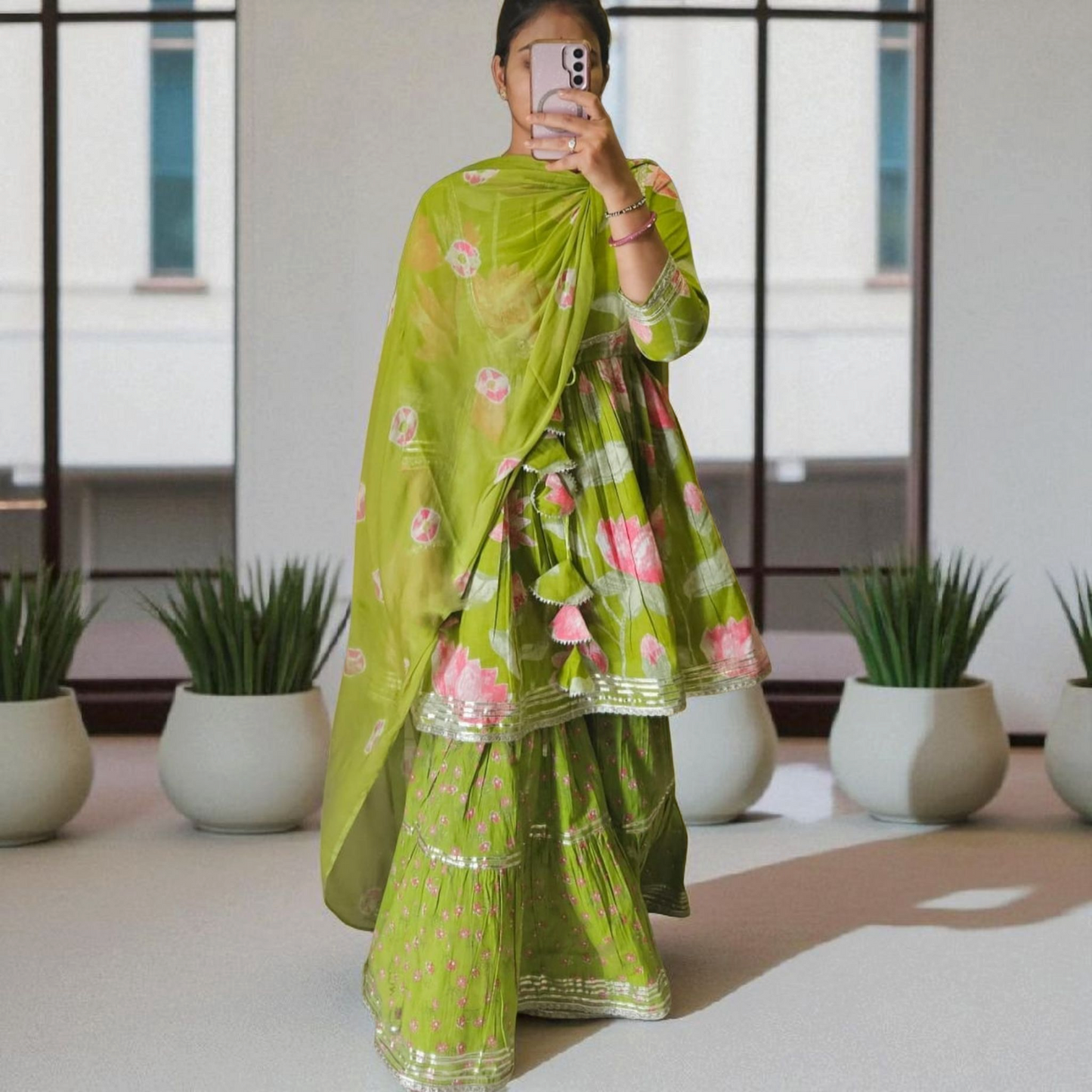 Green pichwai sharara set, kurti sharara women