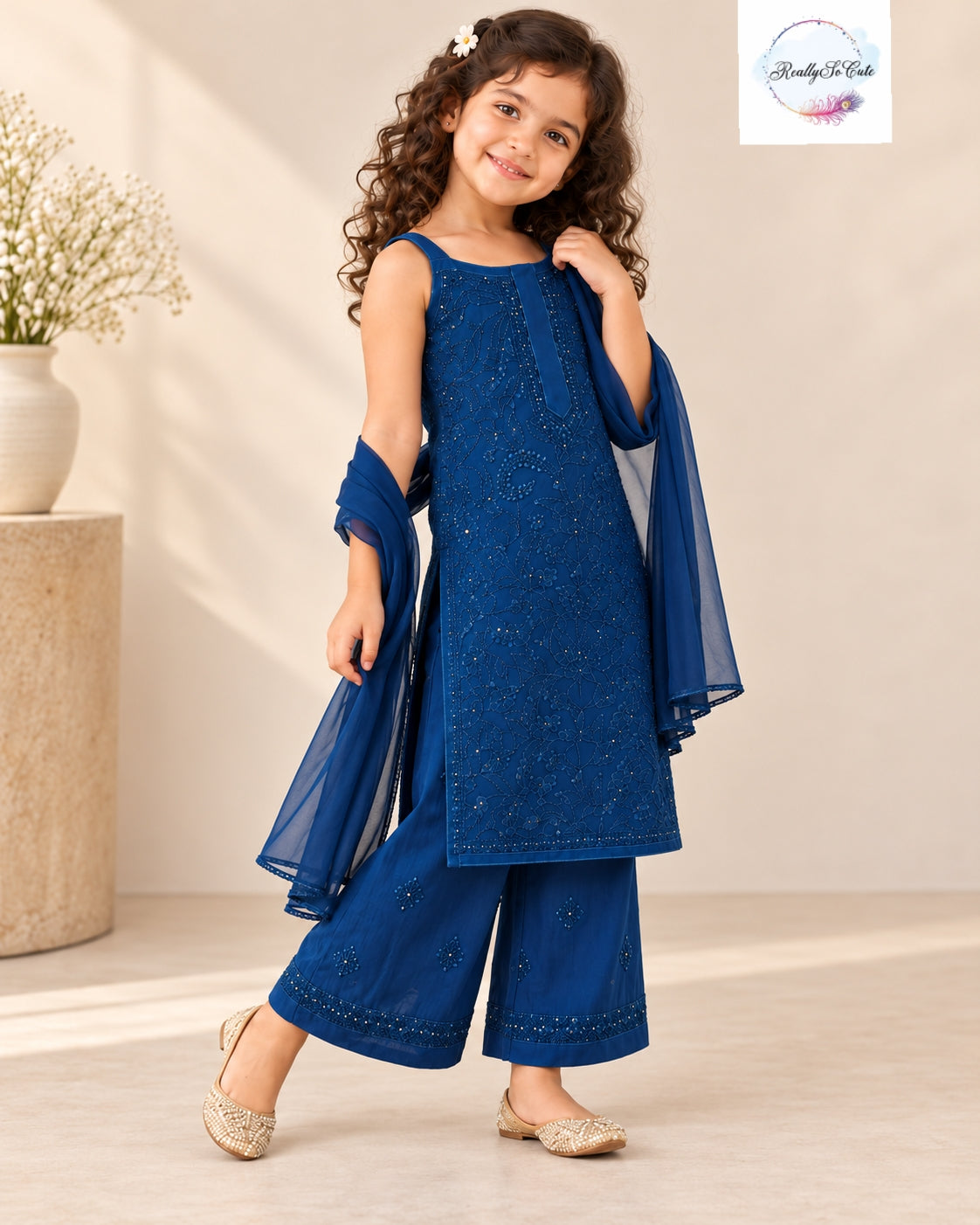 Royal Blue Kids Pure Georgette Handwork Chikankari Set