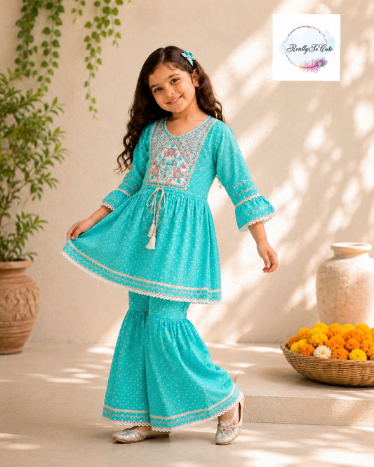 Aqua Blue Pure Cotton Girls Sharara Set |