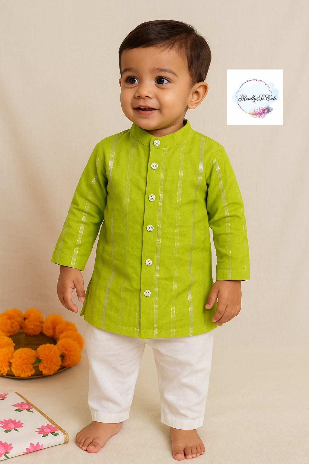 Boys' Green sherwani style kurta pajama, cotton kurta pajama, Coordinated sibling Combo