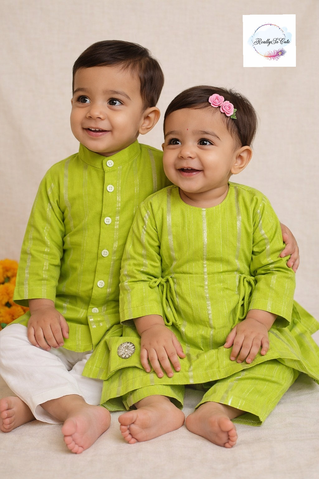 Boys' Green sherwani style kurta pajama, cotton kurta pajama, Coordinated sibling Combo