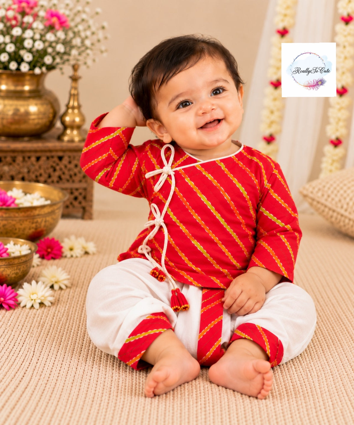Baby Red Leheriya Print Pure Cotton Angrakha Kurta & Dhoti Set | 0–2Y