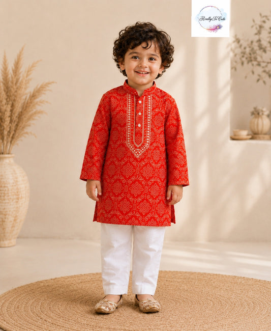 Rust Pure Cotton Mirror Work Kurta Pajama Set for Boys