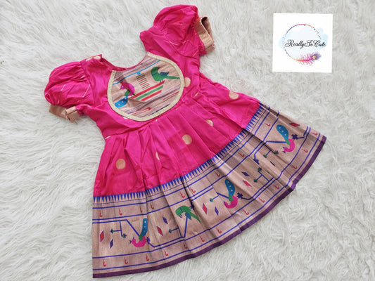 Traditional paithani dresses, baby girls ethnic wear, hot pink Paithani dress