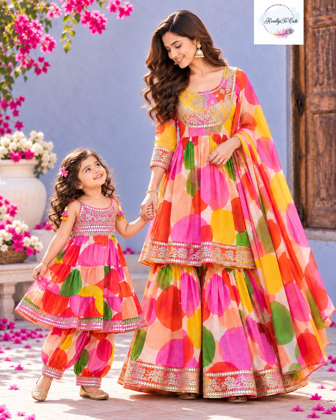 Girls Multicolor Floral Print Pure Cotton Kurti & Pant Set with Mirror Work | 1β5 Years