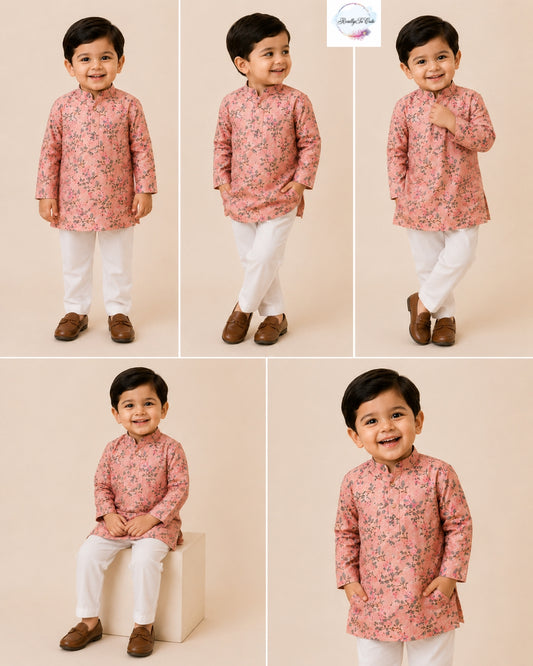 Pink Floral Boys Cotton Kurta Pajama Set | Newborn-15Y | Matching Sibling Outfit