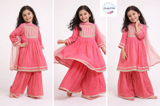 Coral Girls 3 piece sharara Kurti set, Soft Georgette kurti sharara set