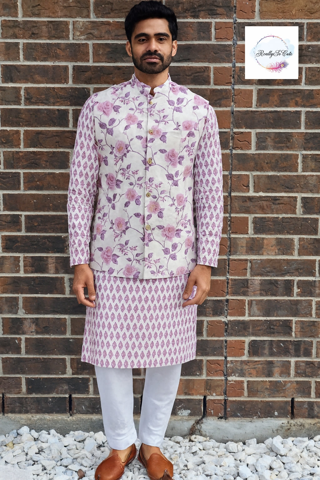 Men's cotton kurta pajama, purple kurta set with jacket,