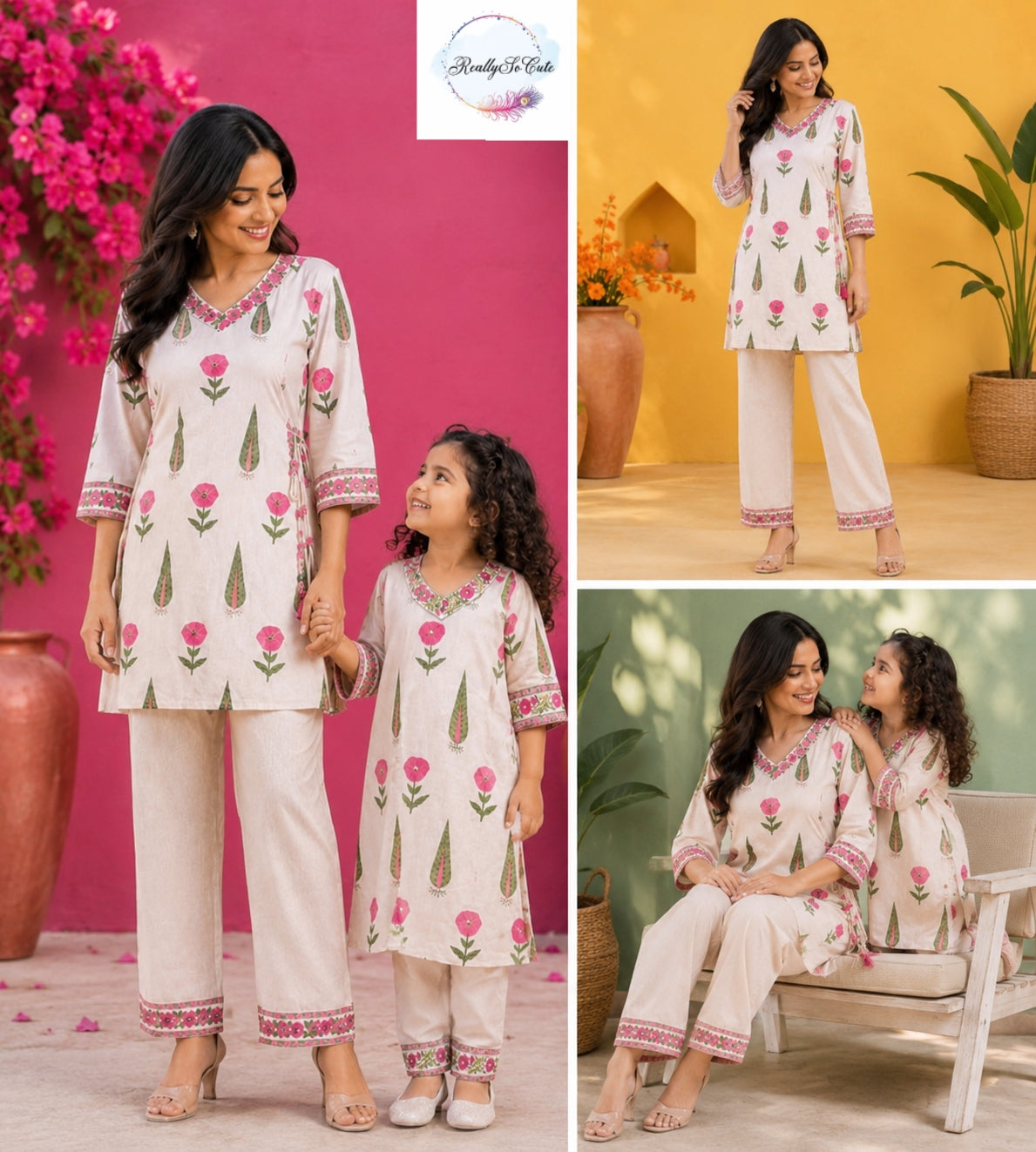 Girls Floral Handloom Cotton Kurta Set | Ethnic Wear (3M–15Y)Pink girl ethnic wear