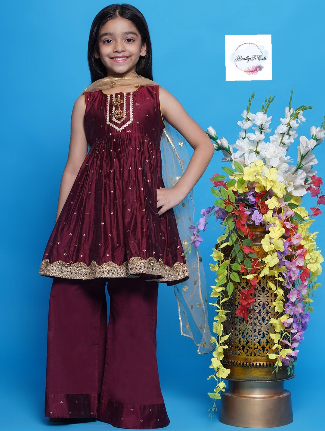 Girls 3 piece Chanderi Palazzo Kurti set