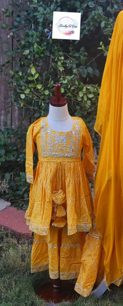 Girl Cotton Sharara Kurti 2 piece set yellow Bandhani