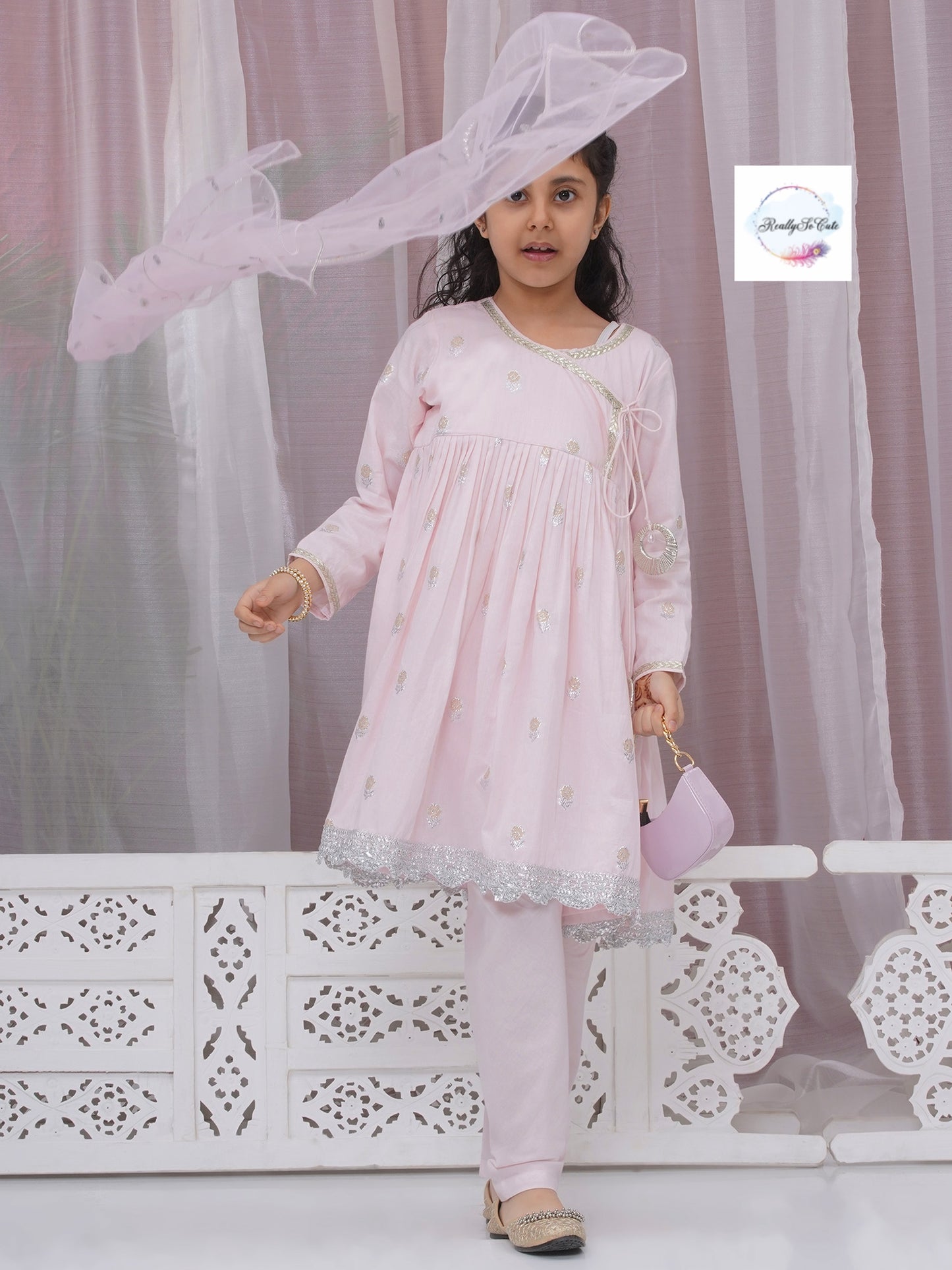 Girls 3 piece pink angarakha style anarkali Kurti set