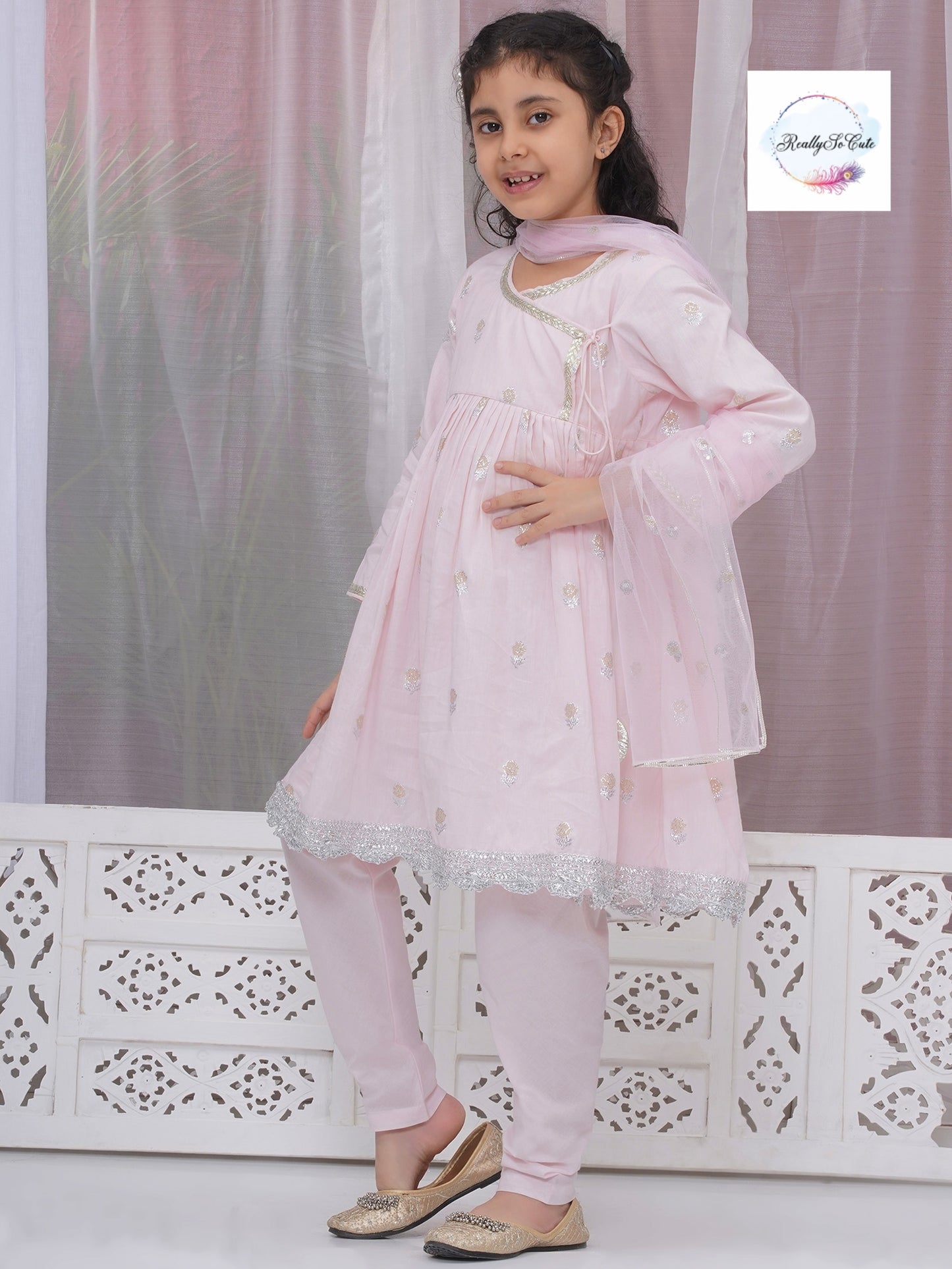 Girls 3 piece pink angarakha style anarkali Kurti set