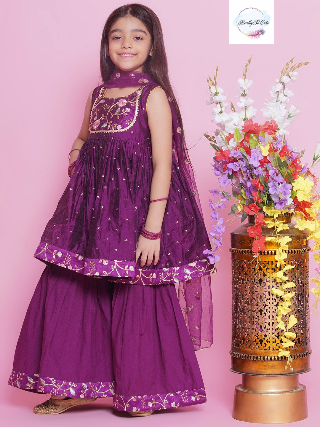 Girls 3 piece purple chanderi sharara Kurti set