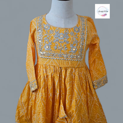 Girl Cotton Sharara Kurti 2 piece set yellow Bandhani