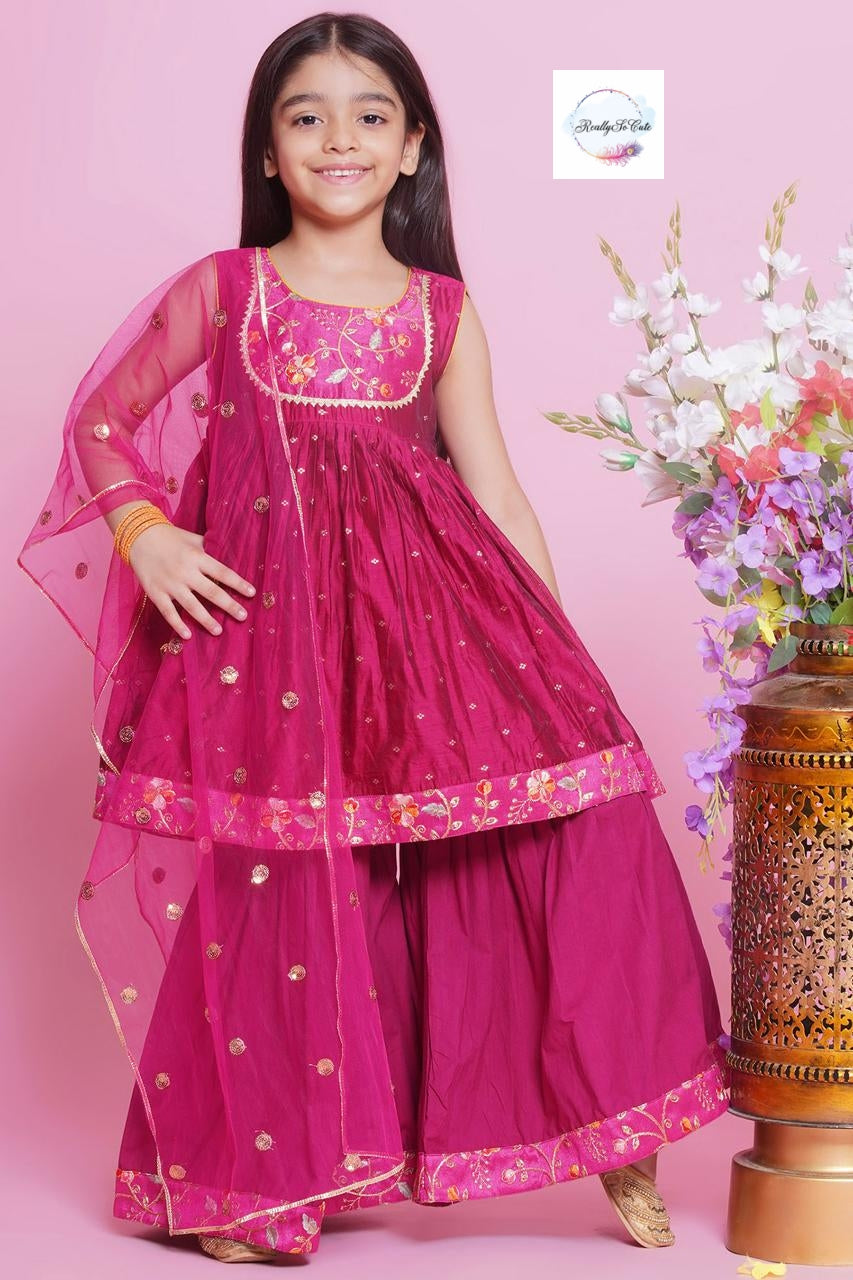 Girls 3 piece pink chanderi sharara Kurti set