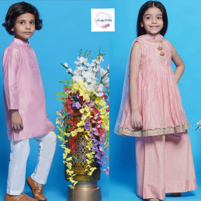 Sibling Combo - Chanderi Peachish pink set