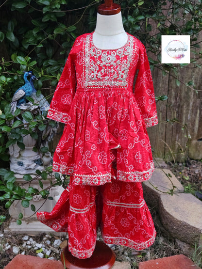 Girl Cotton Sharara Kurti 2 piece set Red Bandhani