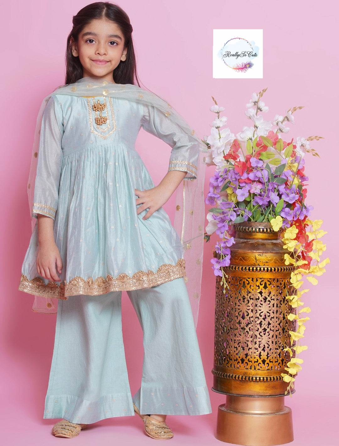 Girls 3 piece Chanderi Palazzo Kurti set