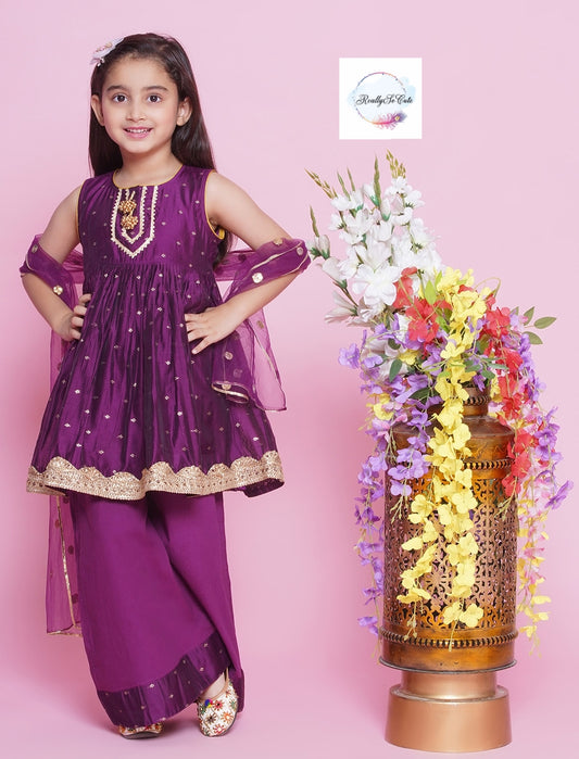 Girls 3 piece Chanderi Palazzo Kurti set