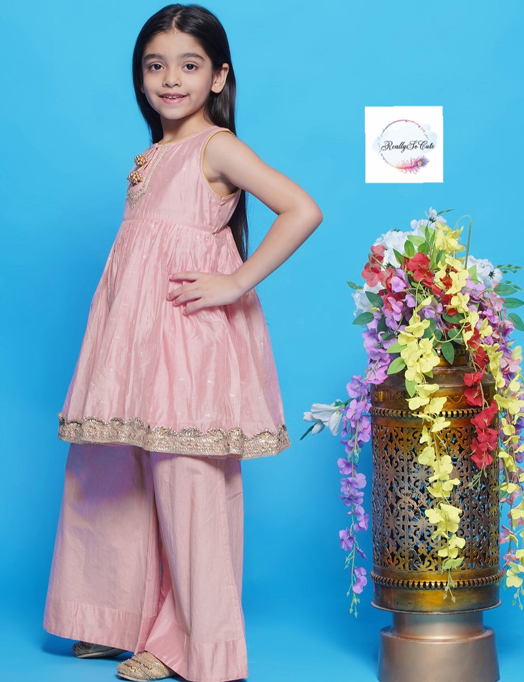 Girls 3 piece Chanderi Palazzo Kurti set