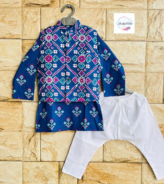 Boys  cotton kurta pajama with jacket, ikkat cotton kurta set