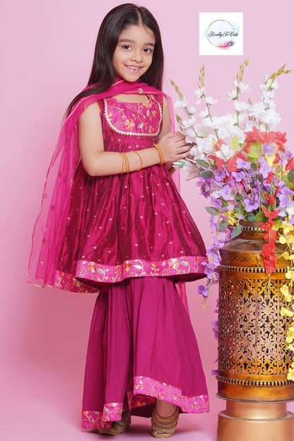 Girls 3 piece pink chanderi sharara Kurti set