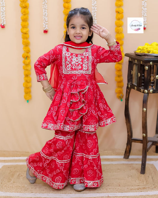 Girl Cotton Sharara Kurti 2 piece set Red Bandhani