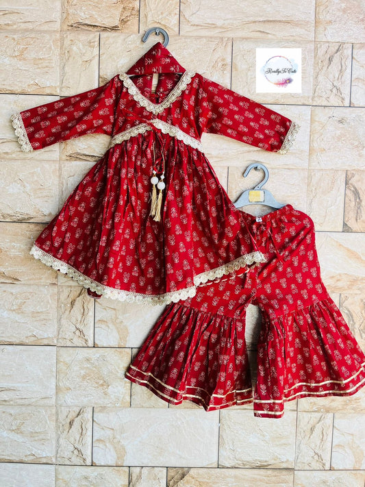 Girl Sharara kurti Set/  soft cotton kurta sharara kids set, mehroon kurti sharara