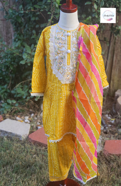 Girls 3 Piece kurti salwar dupatta yellow set