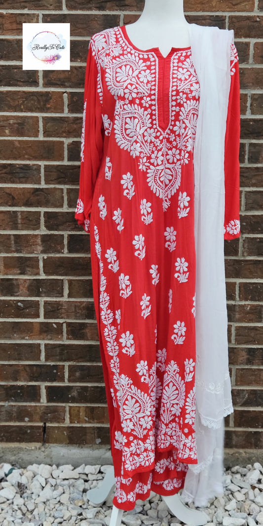 Red chikankari kurta set