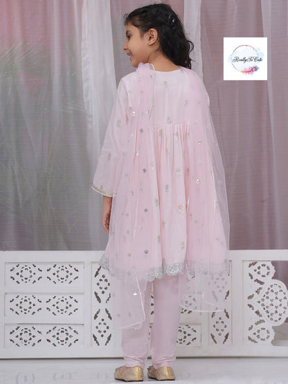 Girls 3 piece pink angarakha style anarkali Kurti set