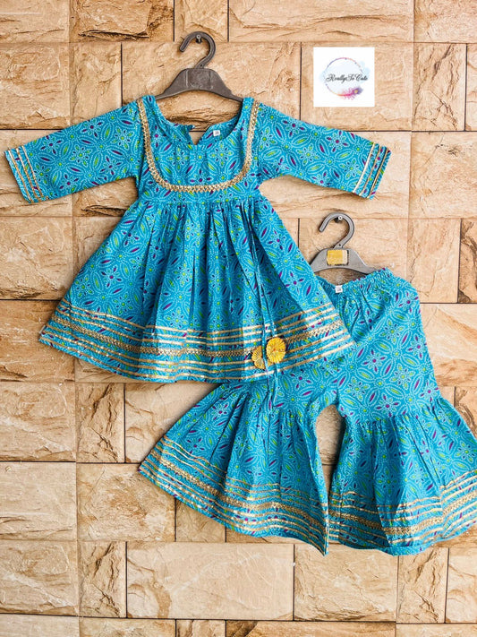 Girl Sharara kurti Set/  soft cotton kurta salwar set, blue kurti sharara